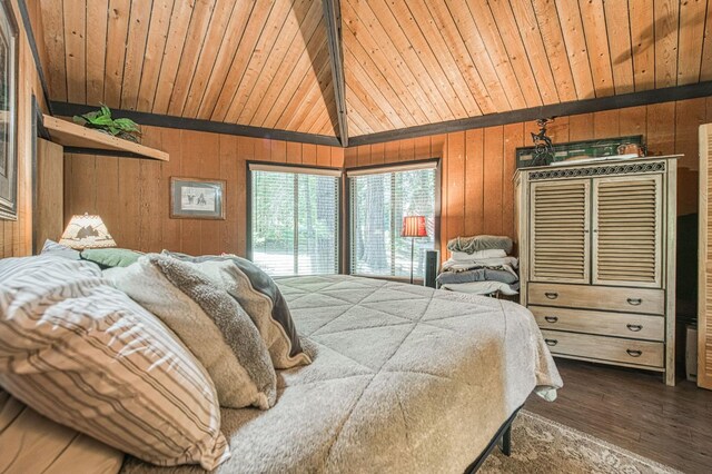 42272 Hanging Branch Rd, Shaver Lake, CA 93664 - bedroom featuring wood walls, wood ceiling, dark wood-type flooring, and vaulted ceiling