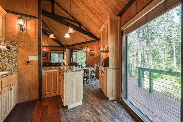 42272 Hanging Branch Rd, Shaver Lake, CA 93664 - kitchen with dark wood-type flooring, wood walls, wood ceiling, a center island, and decorative light fixtures