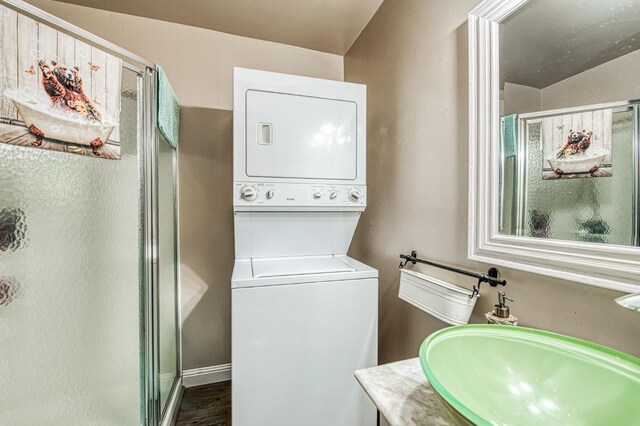 42272 Hanging Branch Rd, Shaver Lake, CA 93664 - laundry area featuring estacked washer and dryer