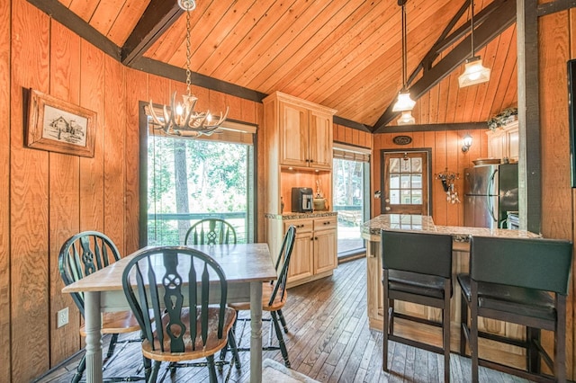 42272 Hanging Branch Rd, Shaver Lake, CA 93664 - dining room featuring wood walls, a chandelier, dark wood-style flooring, and wooden ceiling