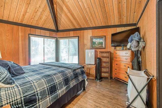 42272 Hanging Branch Rd, Shaver Lake, CA 93664 - bedroom with wood ceiling, multiple windows, wood walls, and wood finished floors