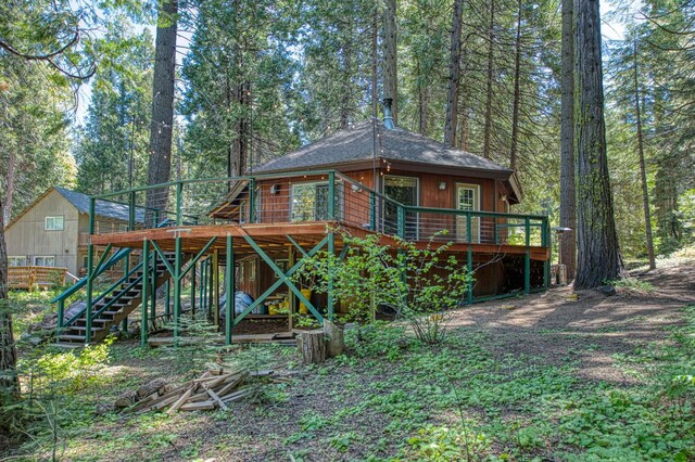 42272 Hanging Branch Rd, Shaver Lake, CA 93664 - rear view of house with a deck and stairs