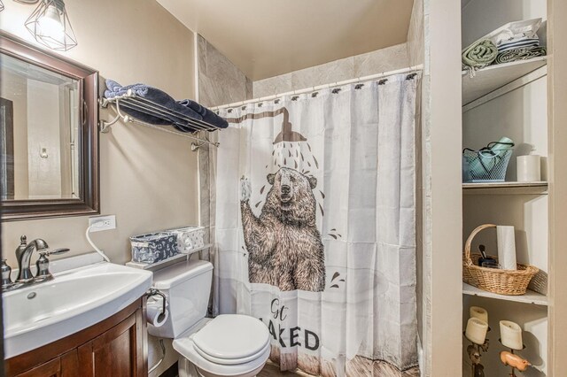42272 Hanging Branch Rd, Shaver Lake, CA 93664 - bathroom featuring vanity, toilet, and a shower with shower curtain