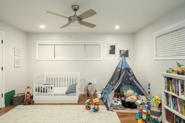 5309 N Parrish Way, Fresno, CA 93711 - bedroom featuring wood finished floors, a ceiling fan, and recessed lighting