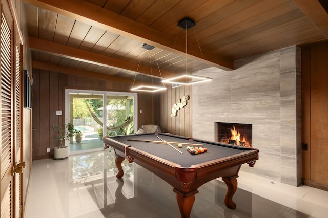 5309 N Parrish Way, Fresno, CA 93711 - rec room featuring wood ceiling with exposed beams, billiards table, tile patterned flooring, a premium fireplace, and wood walls