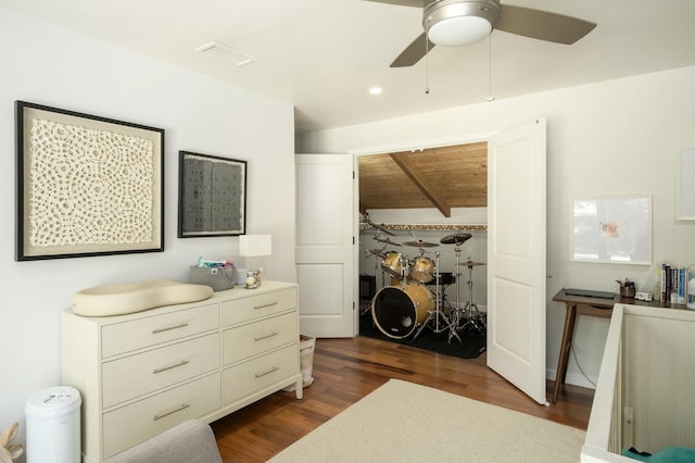 5309 N Parrish Way, Fresno, CA 93711 - bedroom with dark wood-style floors, wood ceiling with exposed beams, and a ceiling fan