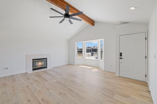 20434 Olympia Rd, Madera, CA 93638 - unfurnished living room featuring a ceiling fan, light wood-style floors, a fireplace, recessed lighting, and baseboards
