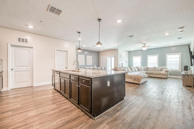 574 Expedition Way, Madera, CA 93636 - kitchen featuring a sink, light wood finished floors, a ceiling fan, a textured ceiling, and dark brown cabinets