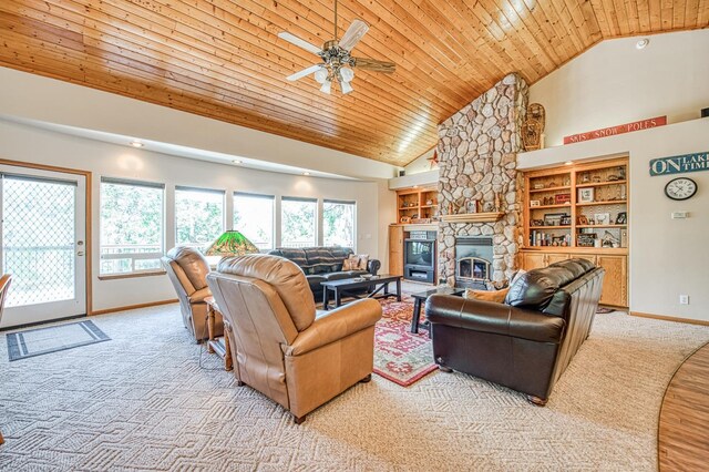 42010 Granite Ledge Ln, Shaver Lake, CA 93664 - living room featuring high vaulted ceiling, wood ceiling, a ceiling fan, a fireplace, and light carpet