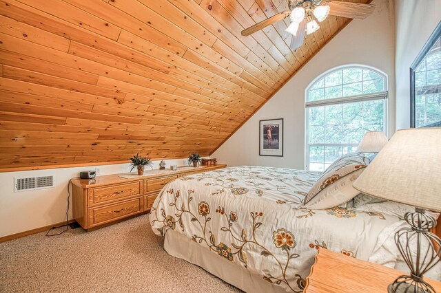 42010 Granite Ledge Ln, Shaver Lake, CA 93664 - bedroom featuring lofted ceiling, light carpet, wooden ceiling, baseboards, and a ceiling fan