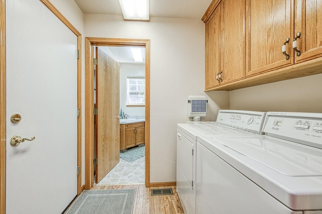 42010 Granite Ledge Ln, Shaver Lake, CA 93664 - laundry room featuring washing machine and dryer, cabinet space, and light wood finished floors