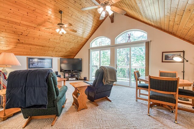 42010 Granite Ledge Ln, Shaver Lake, CA 93664 - living room featuring wood ceiling, ceiling fan, carpet flooring, and high vaulted ceiling