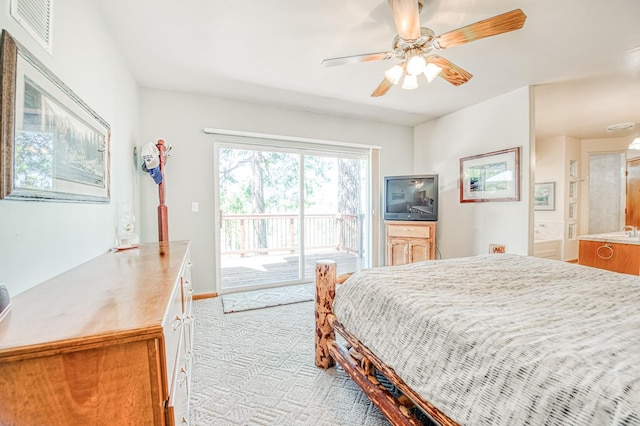 42010 Granite Ledge Ln, Shaver Lake, CA 93664 - bedroom with access to outside, light carpet, a ceiling fan, and connected bathroom