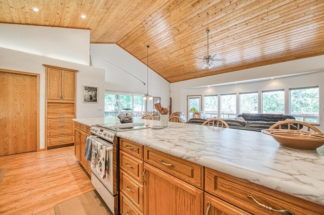 42010 Granite Ledge Ln, Shaver Lake, CA 93664 - kitchen with high vaulted ceiling, electric range, wood ceiling, light wood-style flooring, and brown cabinets