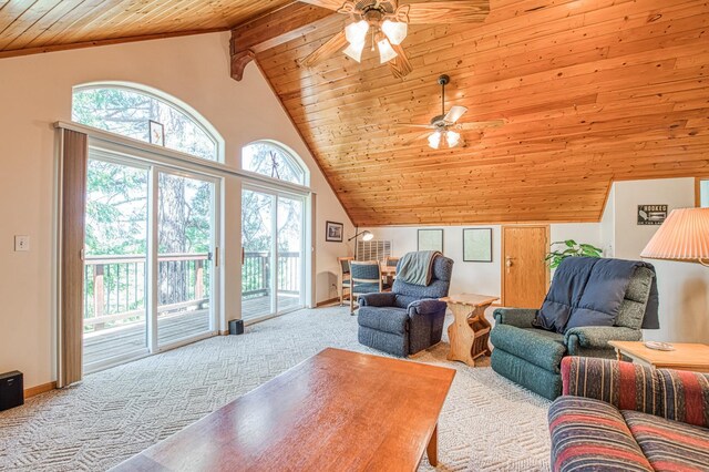 42010 Granite Ledge Ln, Shaver Lake, CA 93664 - living room featuring wooden ceiling, ceiling fan, healthy amount of natural light, carpet flooring, and vaulted ceiling