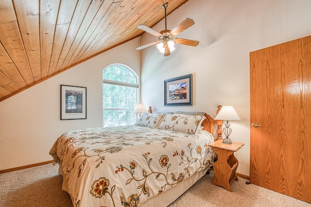 42010 Granite Ledge Ln, Shaver Lake, CA 93664 - bedroom with carpet floors, vaulted ceiling, wood ceiling, baseboards, and ceiling fan