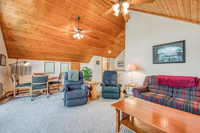 42010 Granite Ledge Ln, Shaver Lake, CA 93664 - carpeted living area featuring ceiling fan, wood ceiling, high vaulted ceiling, and baseboards