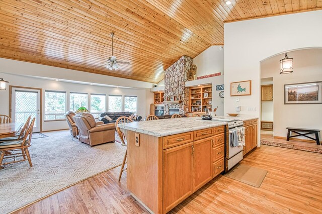 42010 Granite Ledge Ln, Shaver Lake, CA 93664 - kitchen with wooden ceiling, electric range oven, a ceiling fan, high vaulted ceiling, and a fireplace