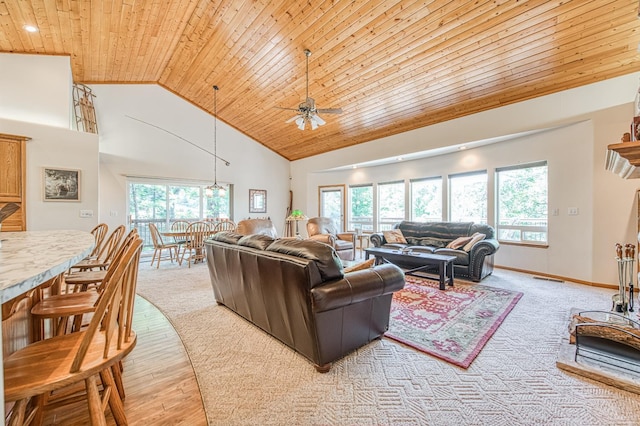 42010 Granite Ledge Ln, Shaver Lake, CA 93664 - living area featuring wooden ceiling, high vaulted ceiling, ceiling fan, and baseboards