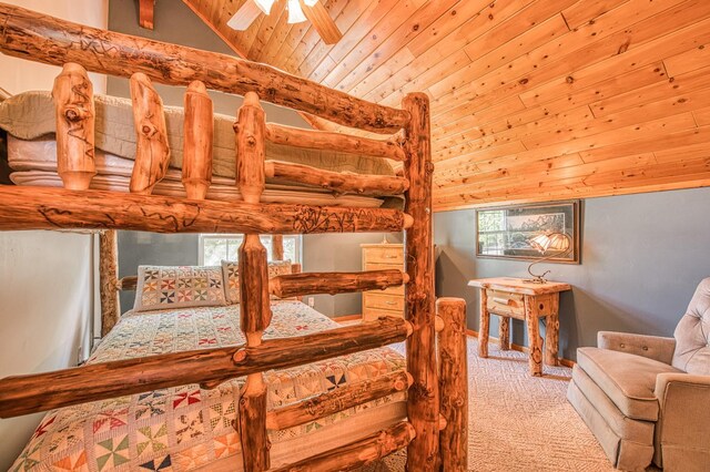 42010 Granite Ledge Ln, Shaver Lake, CA 93664 - carpeted bedroom featuring wooden ceiling and vaulted ceiling