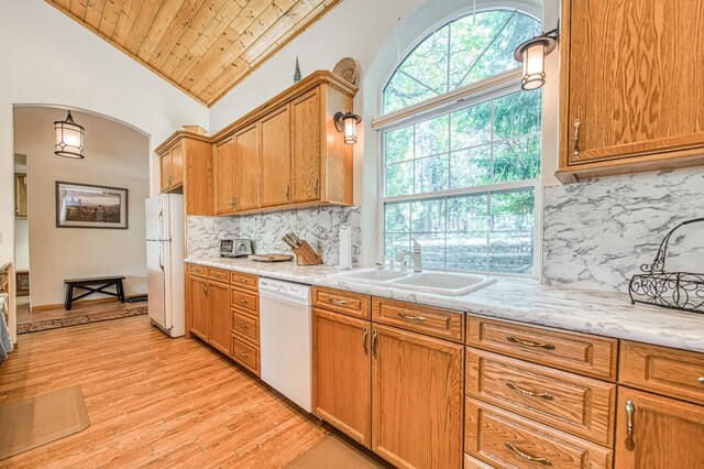 42010 Granite Ledge Ln, Shaver Lake, CA 93664 - kitchen featuring white appliances, light wood-style flooring, wood ceiling, backsplash, and arched walkways