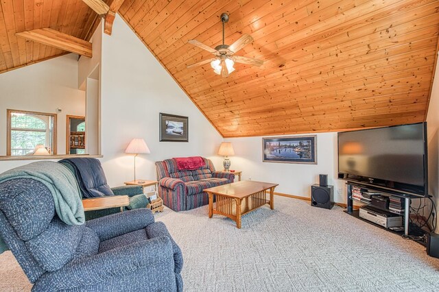 42010 Granite Ledge Ln, Shaver Lake, CA 93664 - living area featuring wood ceiling, lofted ceiling, carpet floors, baseboards, and a ceiling fan