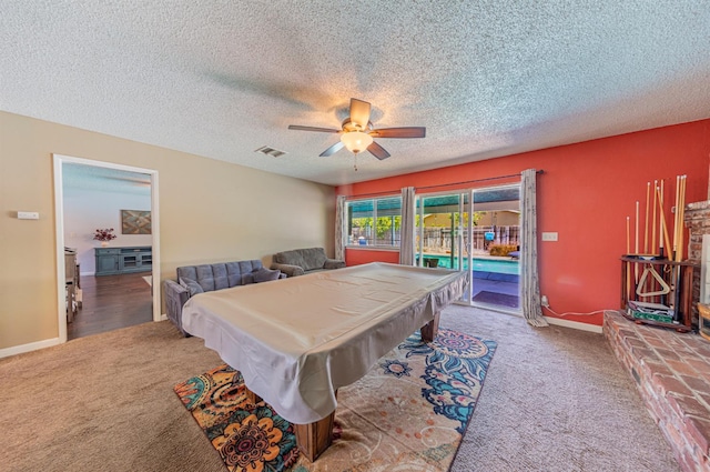1096 Twain Ave W, Fresno, CA 93711 - playroom with carpet flooring, pool table, a ceiling fan, baseboards, and a textured ceiling