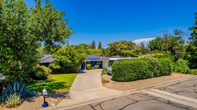 1096 Twain Ave W, Fresno, CA 93711 - obstructed view of property with concrete driveway, solar panels, and a front lawn