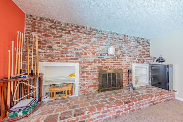 1096 Twain Ave W, Fresno, CA 93711 - unfurnished living room with a textured ceiling and a brick fireplace
