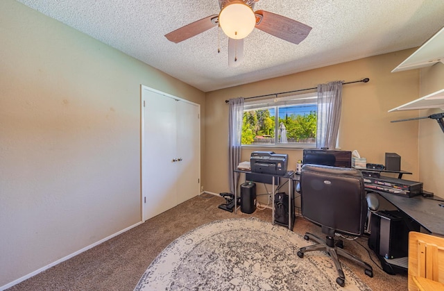 1096 Twain Ave W, Fresno, CA 93711 - office area featuring carpet, a textured ceiling, a ceiling fan, and baseboards