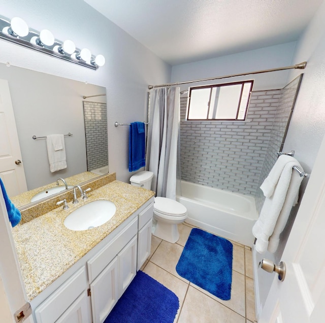 33491 Rd 233, North Fork, CA 93643 - bathroom with shower / tub combo with curtain, vanity, toilet, and tile patterned floors
