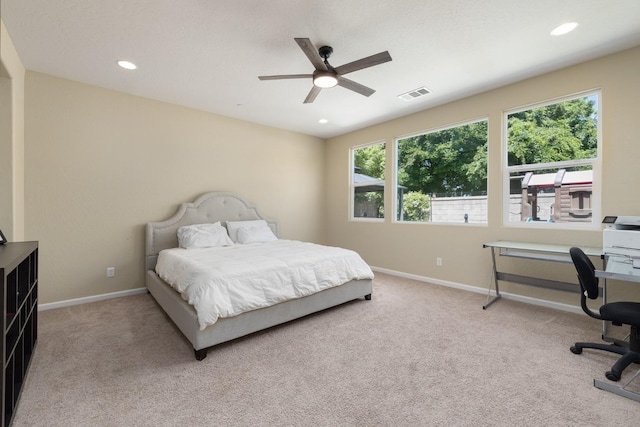 3771 Wrenwood Ave, Clovis, CA 93619 - bedroom featuring light colored carpet, baseboards, recessed lighting, an office area, and a ceiling fan