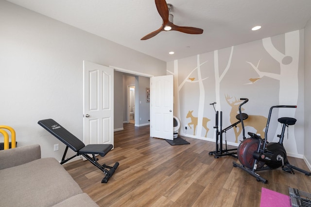 3771 Wrenwood Ave, Clovis, CA 93619 - workout room with wood finished floors, a ceiling fan, recessed lighting, and baseboards