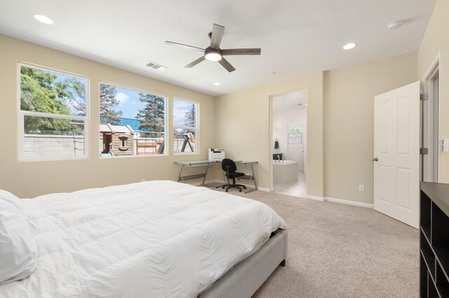 3771 Wrenwood Ave, Clovis, CA 93619 - carpeted bedroom with ensuite bath, baseboards, a ceiling fan, and recessed lighting