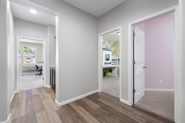 3771 Wrenwood Ave, Clovis, CA 93619 - corridor featuring an office area, wood finished floors, baseboards, and recessed lighting