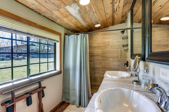 35859 Rd 222, Wishon, CA 93669 - bathroom featuring wooden ceiling, curtained shower, and double vanity