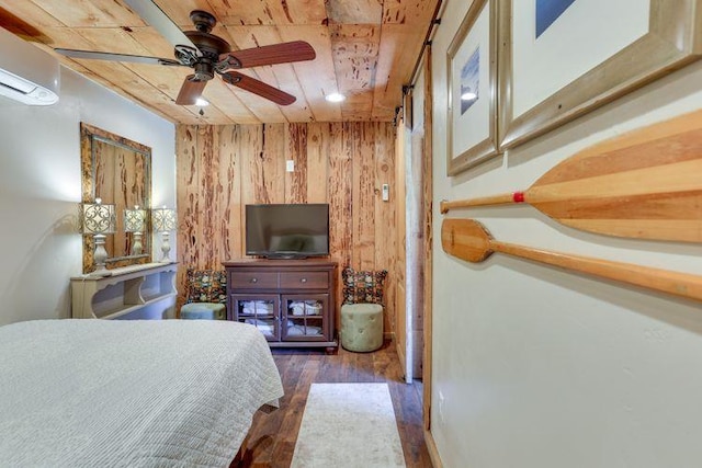 35859 Rd 222, Wishon, CA 93669 - bedroom featuring wooden walls, wood finished floors, a wall mounted AC, and wood ceiling