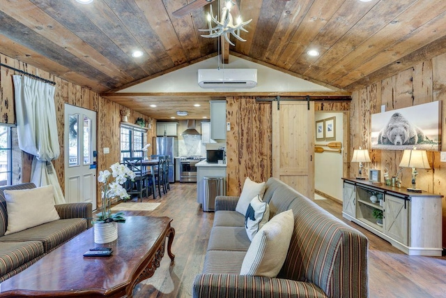 35859 Rd 222, Wishon, CA 93669 - living room with a barn door, a wall unit AC, light wood-type flooring, wooden ceiling, and recessed lighting
