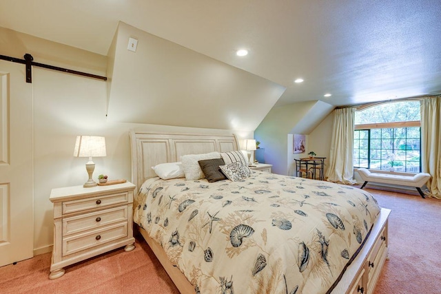 35859 Rd 222, Wishon, CA 93669 - bedroom featuring light colored carpet, lofted ceiling, a barn door, and recessed lighting