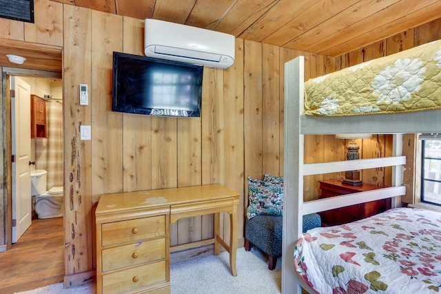 35859 Rd 222, Wishon, CA 93669 - bedroom featuring a wall unit AC, wooden walls, wood ceiling, and wood finished floors