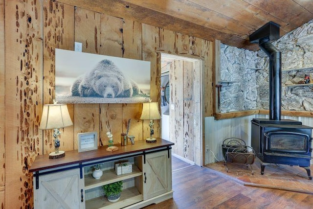 35859 Rd 222, Wishon, CA 93669 - detailed view of a wood stove, wood finished floors, and wood walls