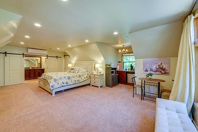 35859 Rd 222, Wishon, CA 93669 - bedroom with a wall mounted air conditioner, light carpet, a barn door, recessed lighting, and a chandelier