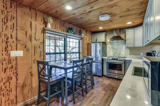 35859 Rd 222, Wishon, CA 93669 - kitchen with wall chimney range hood, stainless steel appliances, wooden ceiling, light countertops, and dark wood finished floors