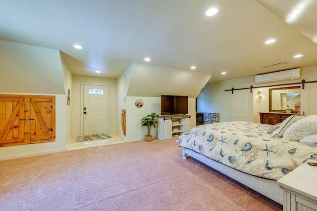 35859 Rd 222, Wishon, CA 93669 - bedroom with a barn door, a wall mounted air conditioner, carpet floors, recessed lighting, and baseboards