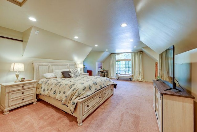 35859 Rd 222, Wishon, CA 93669 - bedroom with light colored carpet, vaulted ceiling, and recessed lighting