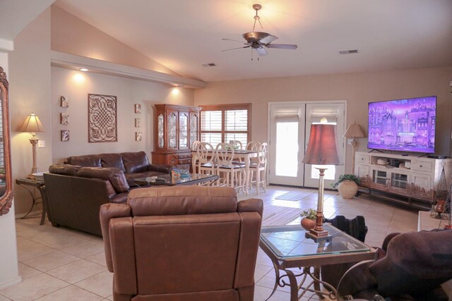 3055 Glenville Ave, Madera, CA 93637 - living room featuring a ceiling fan, light tile patterned flooring, and vaulted ceiling