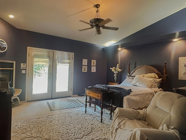 3055 Glenville Ave, Madera, CA 93637 - carpeted bedroom featuring french doors, access to exterior, vaulted ceiling, baseboards, and a ceiling fan