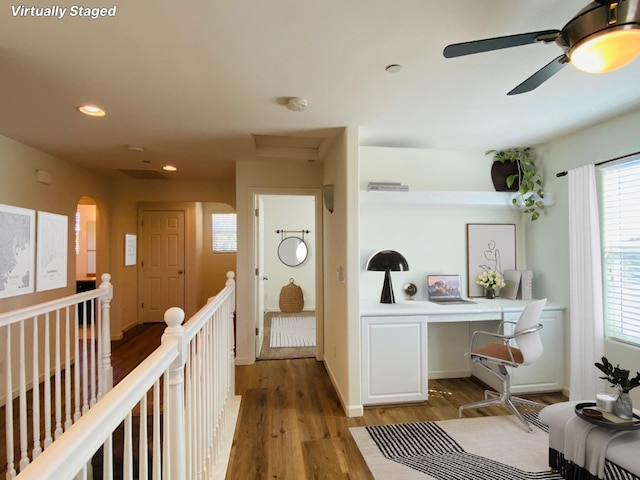 1507 N Strada Way, Clovis, CA 93619 - hall with wood finished floors, recessed lighting, an upstairs landing, a desk, and baseboards