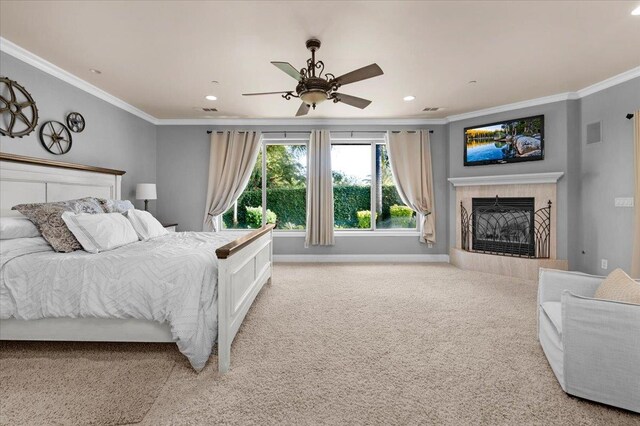 2707 W Menlo Ave, Fresno, CA 93711 - bedroom featuring crown molding, carpet flooring, a tile fireplace, recessed lighting, and a ceiling fan