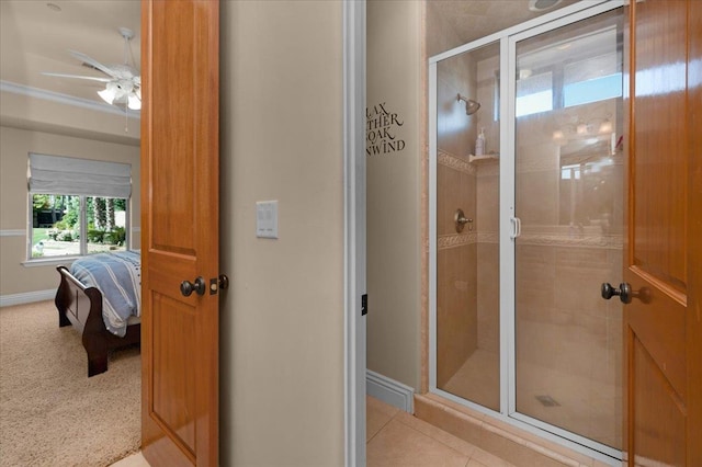 2707 W Menlo Ave, Fresno, CA 93711 - ensuite bathroom with a shower stall, ceiling fan, and tile patterned flooring